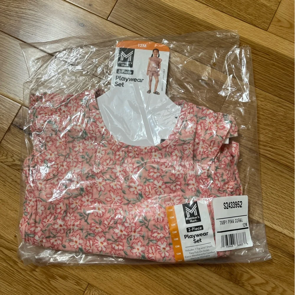 Members Mark Girls 2 Piece Pink Floral Playwear Set - 12 months - NIP